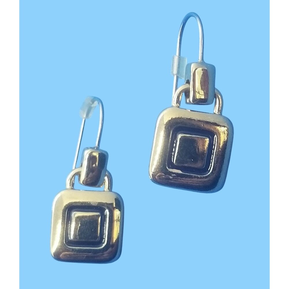 Liz Claiborne Dangle Earrings Gold Tone Navy Blue Inset Squares Signed Pierced